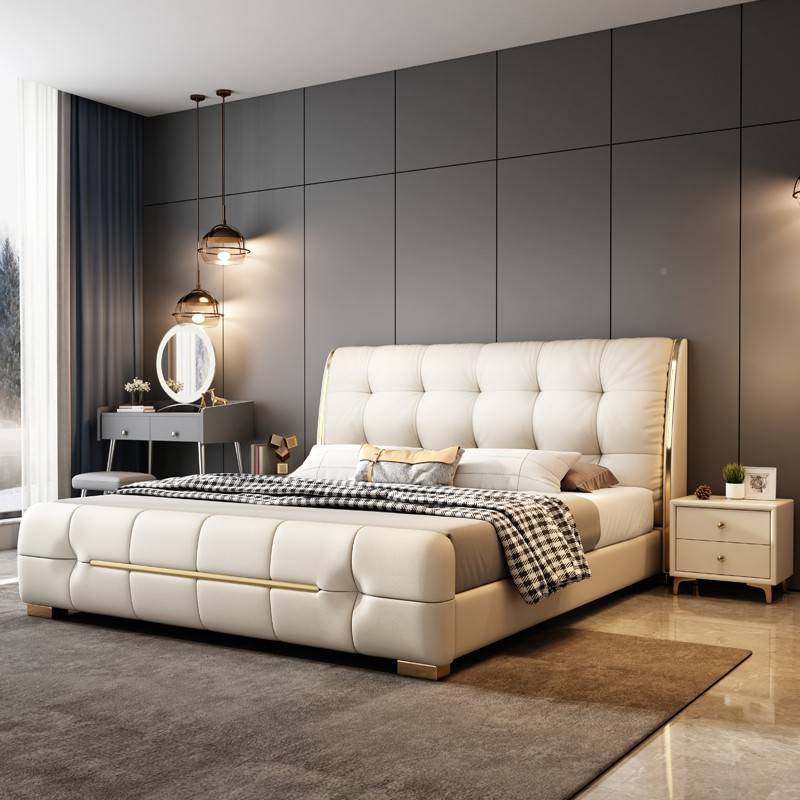 皮端主卧20878室2米2婚.2气真1米双储人床高大轻奢带8米物软大.包