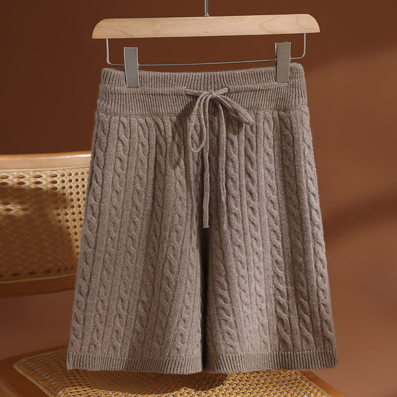 甜辣风松紧腰阔腿针织休闲短裤女士秋冬100纯羊毛百搭高腰五分裤,女装/女士精品,休闲裤,淘宝优惠券,粉丝福利购,淘宝优惠卷