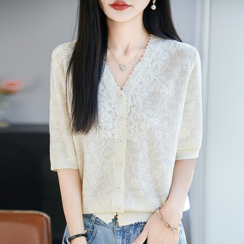 夏季精仿法式蕾丝V领针织开衫女短袖薄款透气显瘦宽松百搭上衣