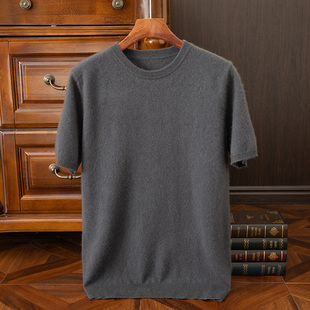 秋冬100纯羊毛针织短袖T恤衫男圆领内搭休闲打底衫青年半袖毛衣