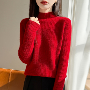 秋冬新款100纯羊毛衫女半高领红色修身套头针织毛衣新年打底衫
