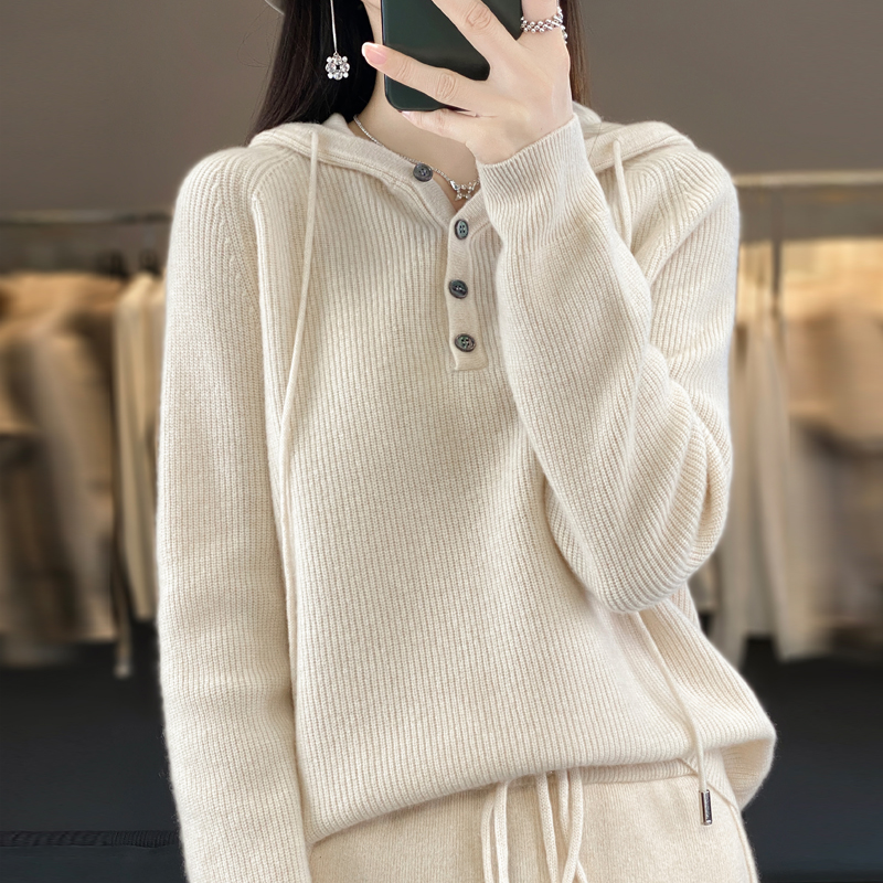 春秋冬新款羊绒连帽套头毛衣女百搭羊毛针织打底衫宽松卫衣连帽衫