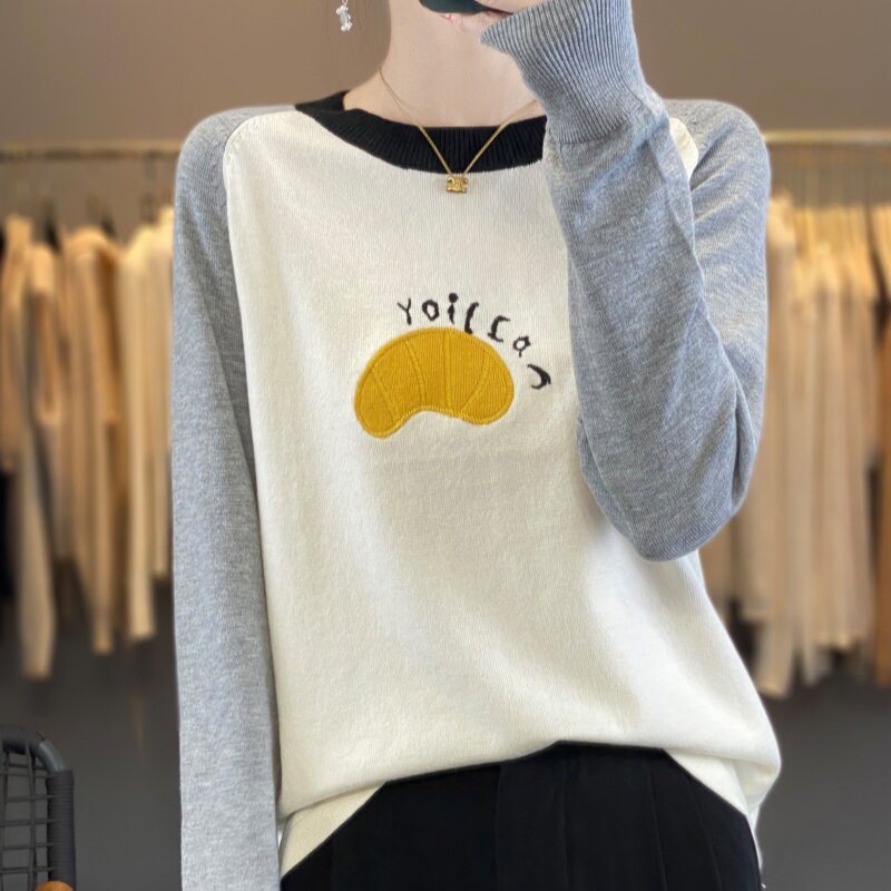 设计感拼色圆领精仿羊毛毛衣女士秋冬慵懒风减龄可爱提花针织衫潮