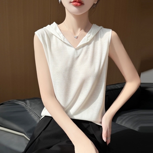 春夏新款极简风连帽无袖针织衫女白色套头百搭显瘦打底衫上衣外穿