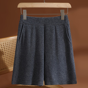 秋冬简约100纯羊毛宽松阔腿针织短裤 子 女高腰A字抽绳休闲五分裤