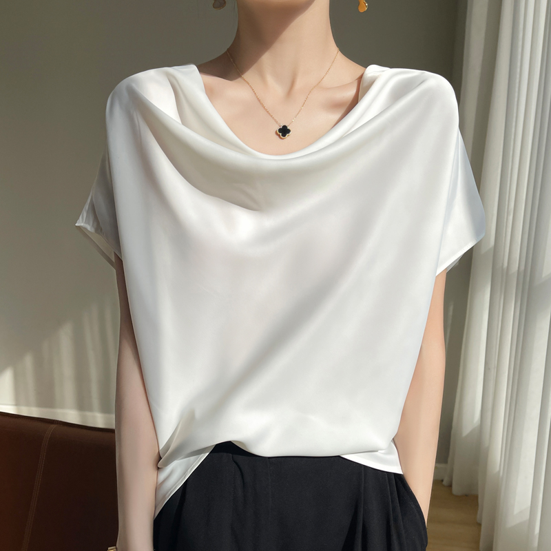 法式真丝荡领短袖女醋酸缎面上衣2024夏装新款桑蚕丝t恤宽松小衫