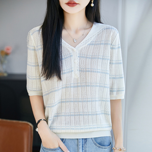 韩系高品质学院风针织衫春夏女短袖POLO领海军风减龄漂亮好看上衣