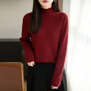 秋冬新款宽松型半高圆领镂空针织衫女套头宽松红色毛衣女款通勤风