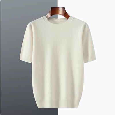 秋冬针织短袖纯色男士t恤衫毛衣宽松五分袖安迪绒厚款上衣半袖