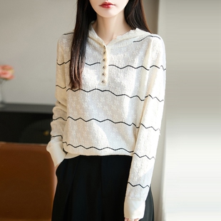 温柔风连帽蕾丝条纹精仿针织衫女宽松薄款长袖打底衫百搭减龄上衣