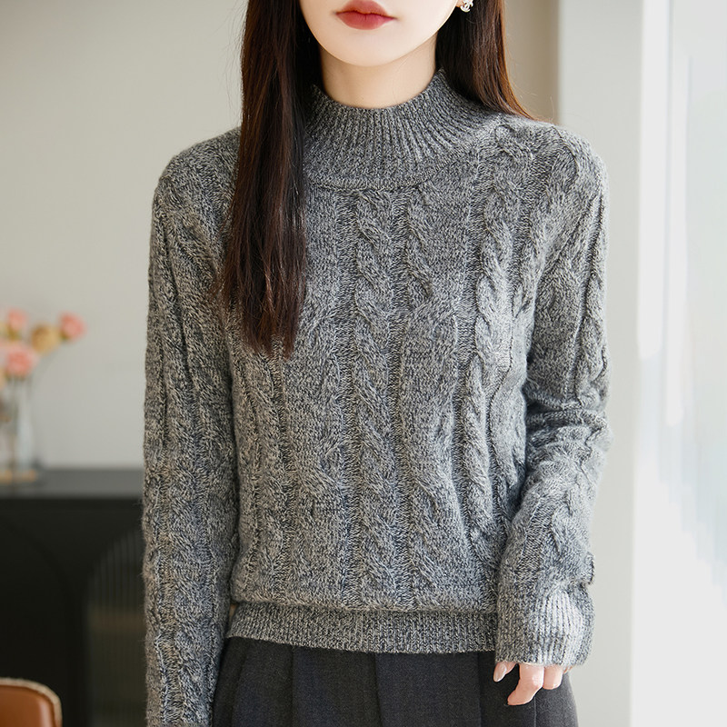 通勤风半高领麻花针织衫女2026秋冬新款加厚套头毛衣保暖打底衫
