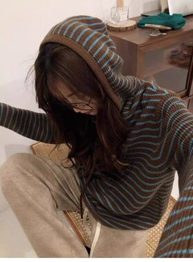 秋冬连帽女宽松慵懒风条纹毛衣针织衫打底带帽卫衣百搭软糯外套