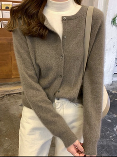 反季清仓100%纯羊毛开衫女短款圆领毛衣外套宽松百搭羊绒针织外搭