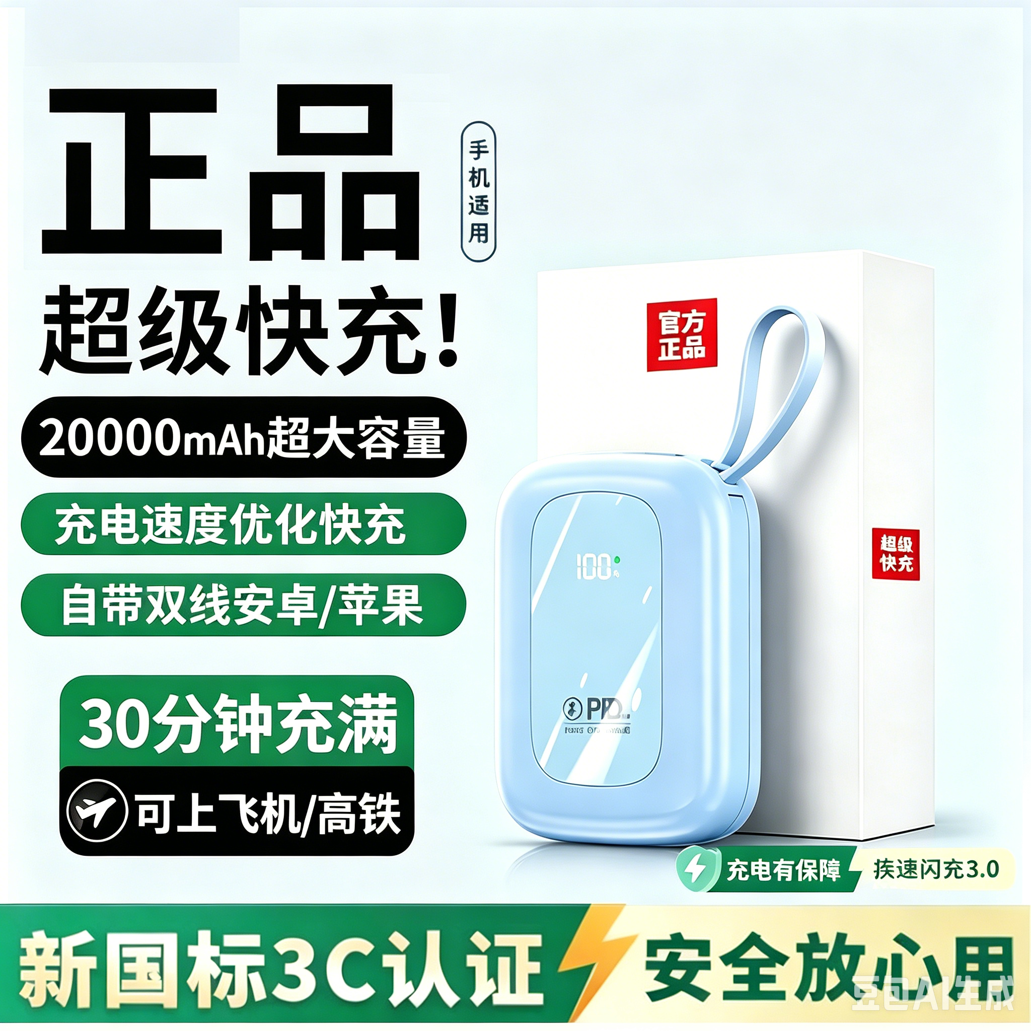 【3c认证可上飞机】超级快充充电宝大容量20000毫安带4线适用华为