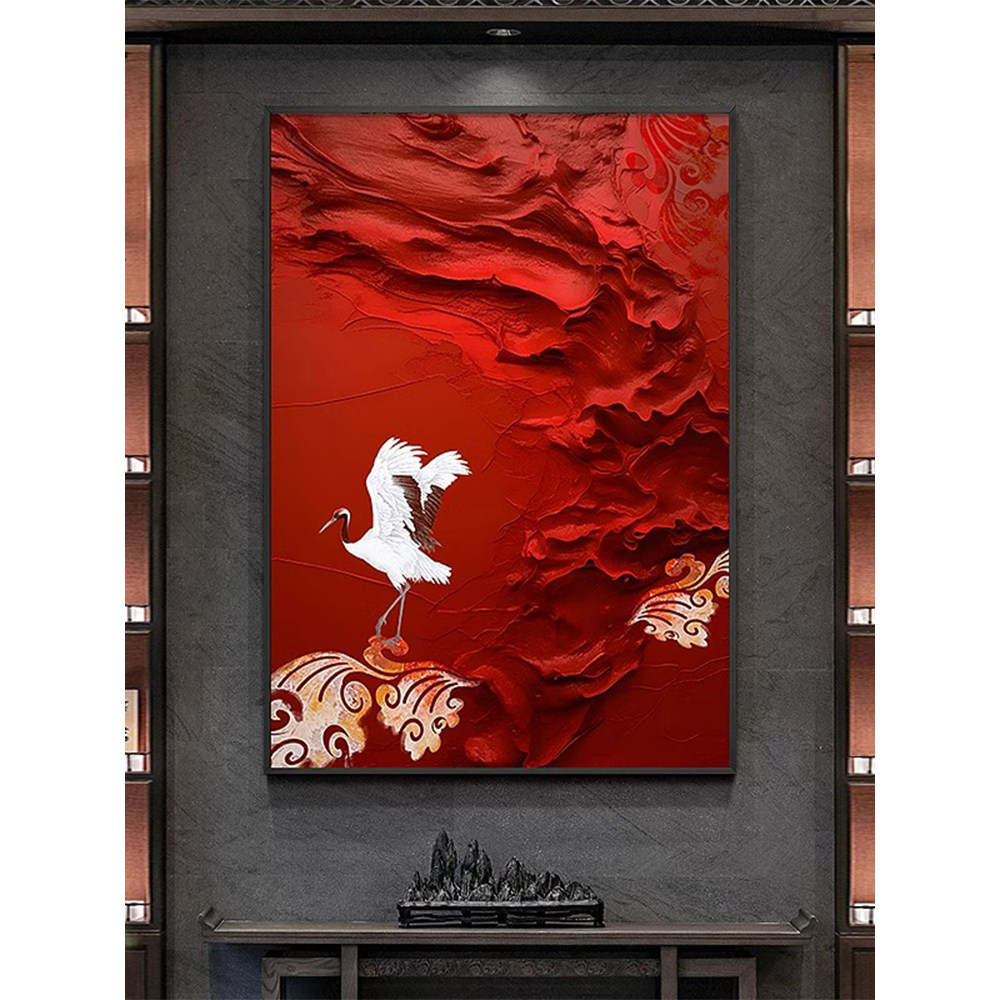 仙鹤祥云图玄关装饰画新中式客厅喜庆竖版挂画红国潮走廊过道壁画