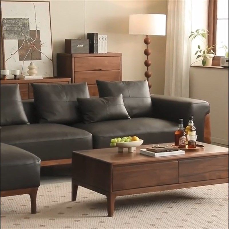 新中式实木沙发客厅2025新款拐角式现代简约家用真皮北美黑胡桃木