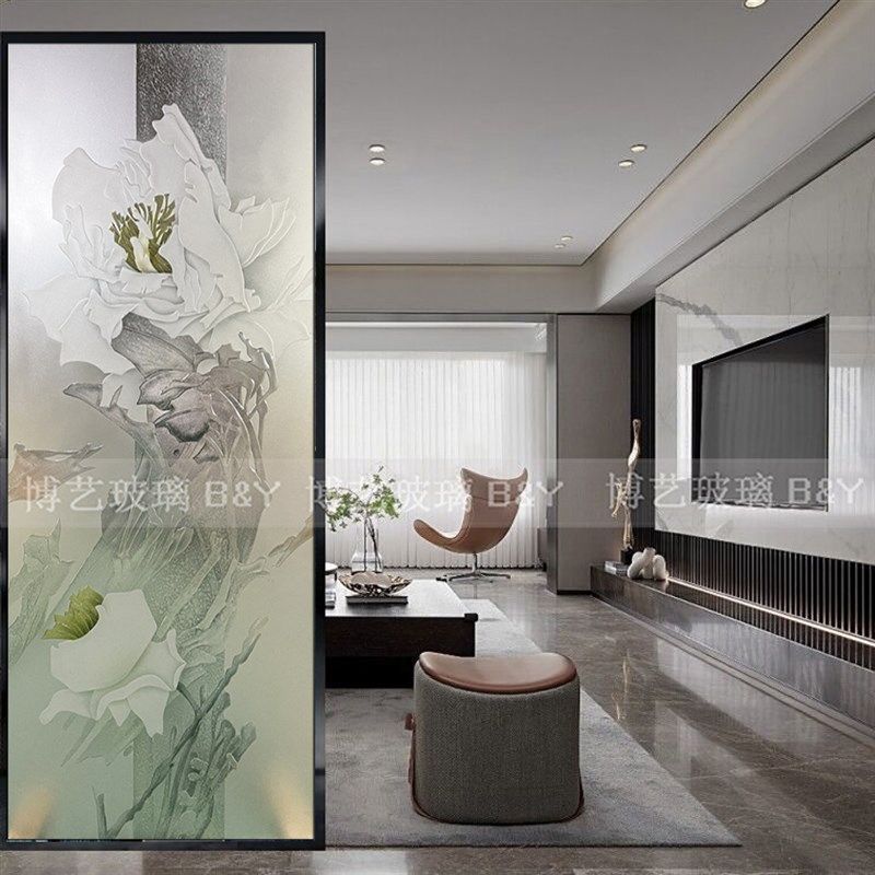 现代艺术玻璃玄关牡丹花卫生间隔断过道背景墙鞋柜工艺玻璃屏风,基础建材,艺术玻璃,淘宝优惠券,粉丝福利购,淘宝优惠卷