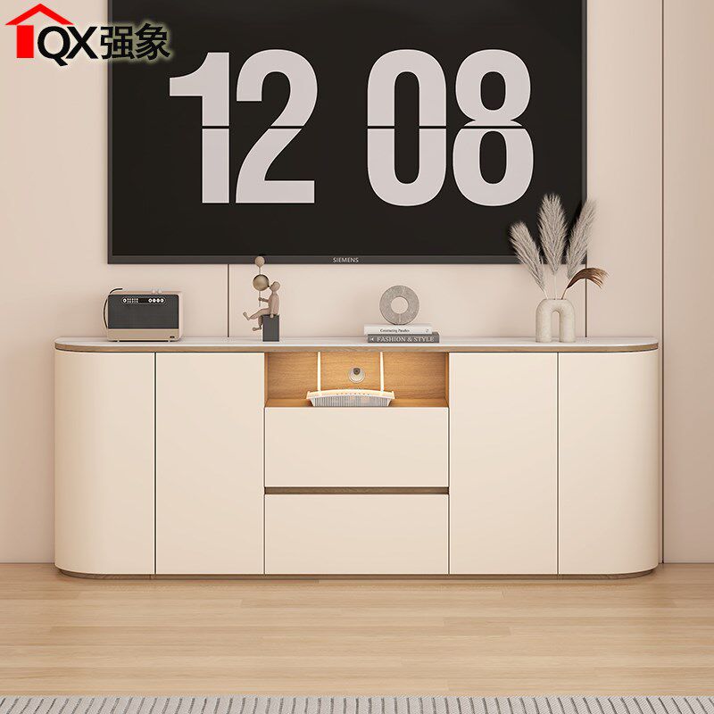 奶油风卧室落地高款岩板电视柜收纳储物柜一体圆弧床尾柜定制D114