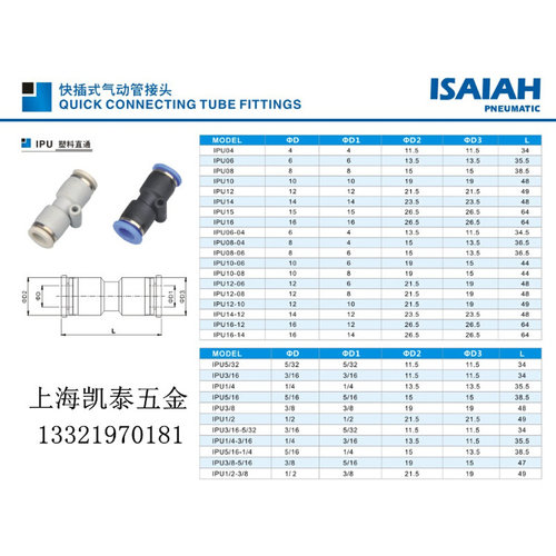 。以赛亚ISAIAH IPU4 6 10 8 12 14 16mm 气管直通快插气动变径接