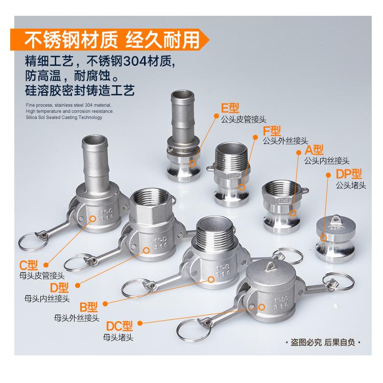 304不锈钢快速接头EB型CF型外丝皮接软管4分宝塔头外螺纹卡扣式