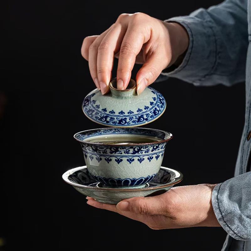 景德镇青花老陶泥宝相三才盖碗泡茶杯家用陶瓷功夫茶具手抓碗中式