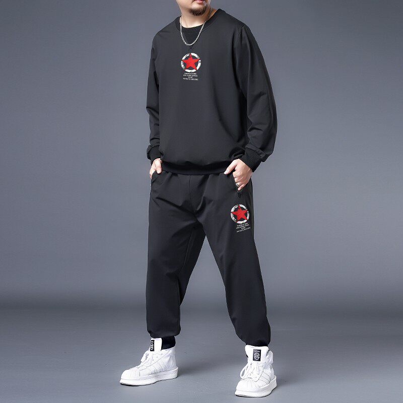 潮胖子大码运动套装男宽松弹力卫衣裤子两件套加肥加大肥佬休闲装