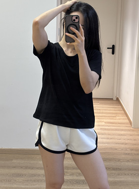 LILIBB 春夏薄款高腰复古拼色运动短裤下摆开叉外穿瑜伽三分裤