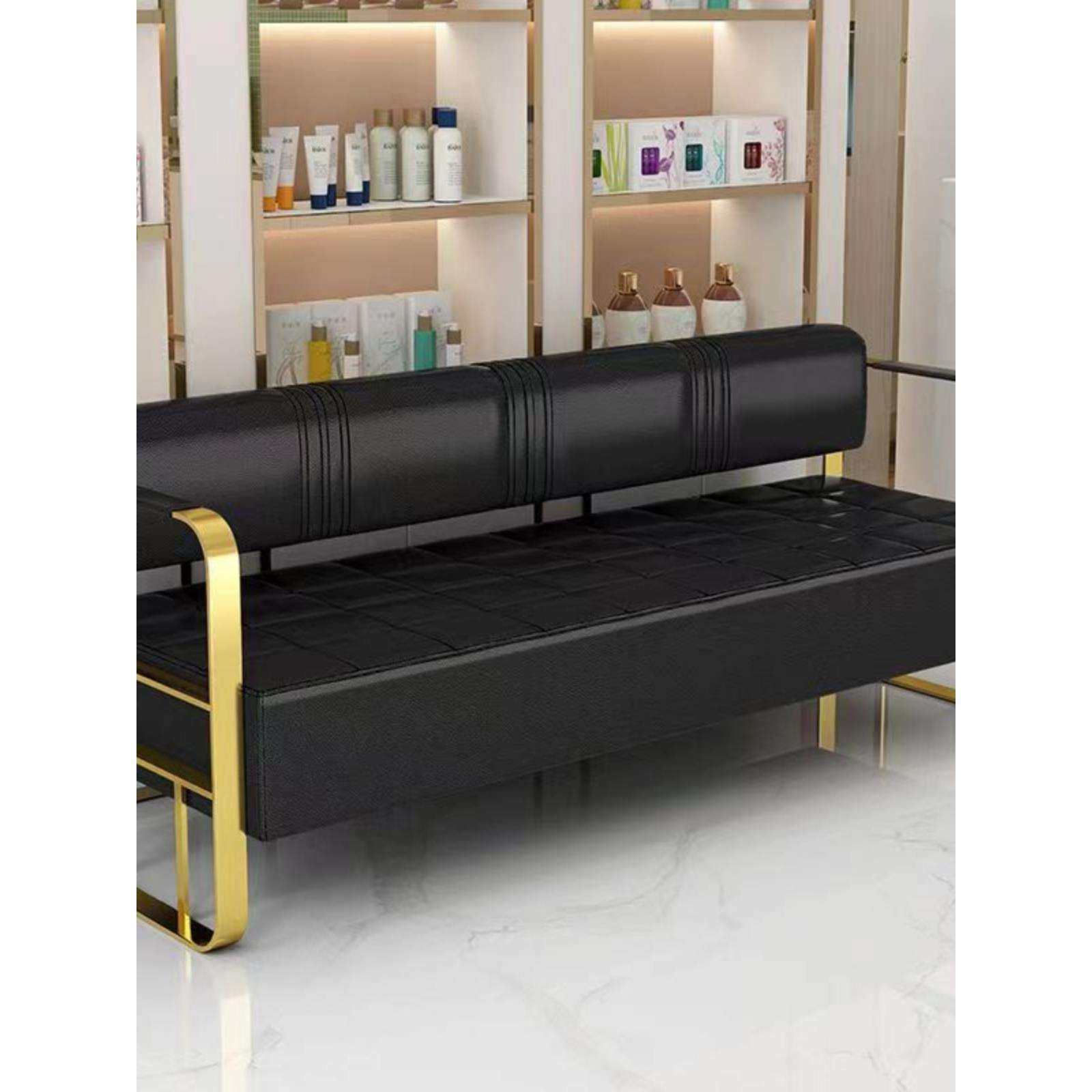 网红理发店沙发等候椅发廊美发美甲店休息区轻奢不锈钢长条沙发椅