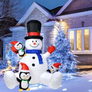 现货新款圣诞充气雪人三只企鹅户外派对带彩灯充气装饰品