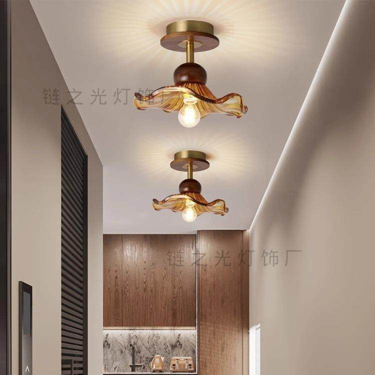 中古风走廊过道灯新中式吸顶灯黑胡桃实木茶色入户玄关复古阳台灯