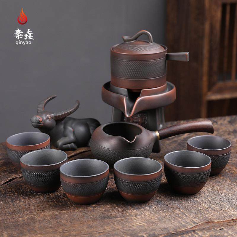 紫陶懒人整套茶具套装石磨功夫泡茶器家用紫砂陶瓷茶壶可雕刻LOGO