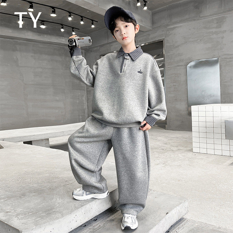 韩国TY童装潮牌男童卫衣加绒套装秋冬季新款中大男孩儿polo领加厚