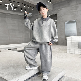 韩国TY童装潮牌男童卫衣加绒套装秋冬季新款中大男孩儿polo领加厚