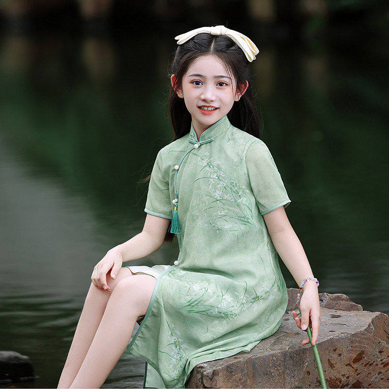 DGKP新中式女童旗袍2026夏季新款绝美绿色清新国风洋装日常可穿