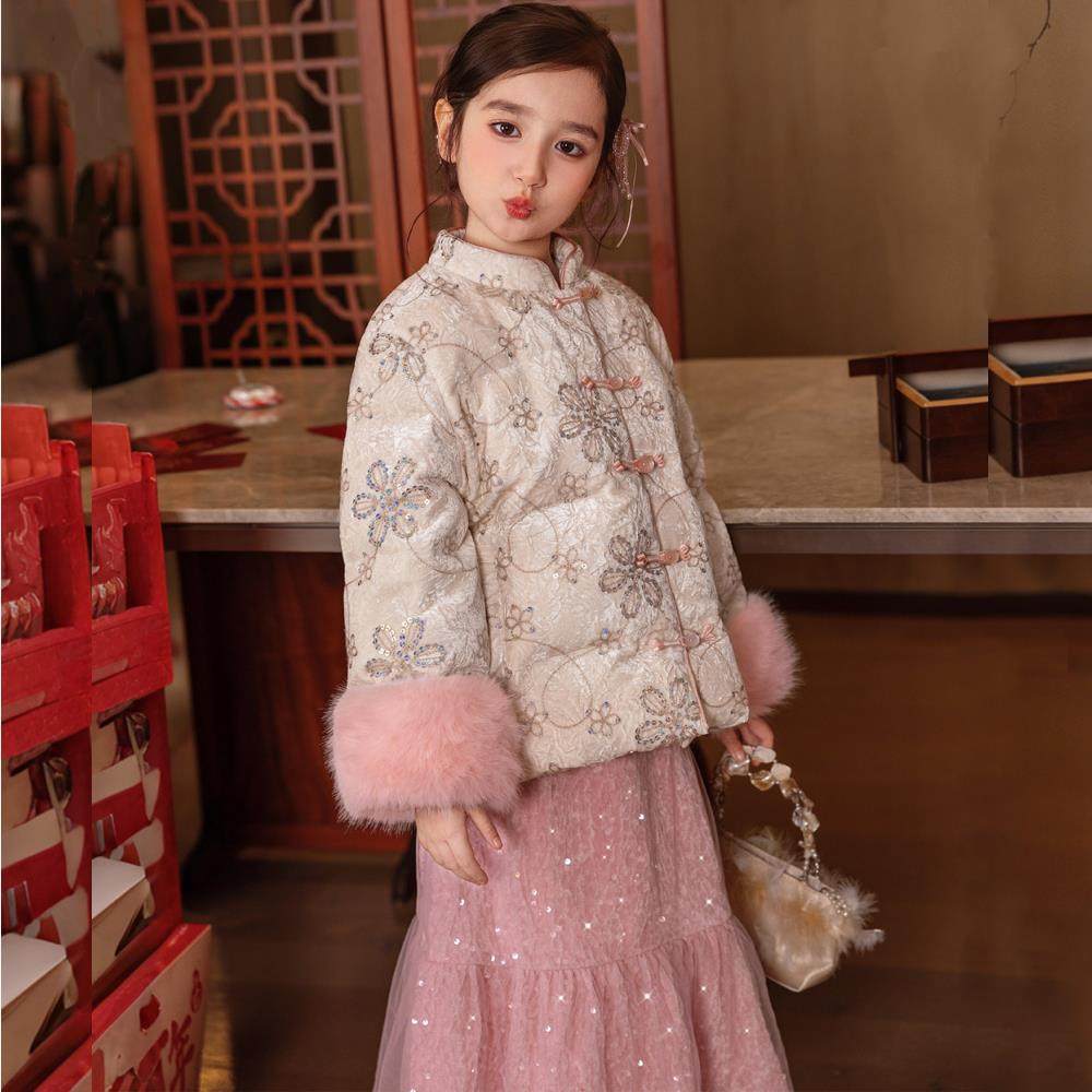 英国NextElsa女童国风羽绒服2025新款冬季女孩新中式拜年礼服外套