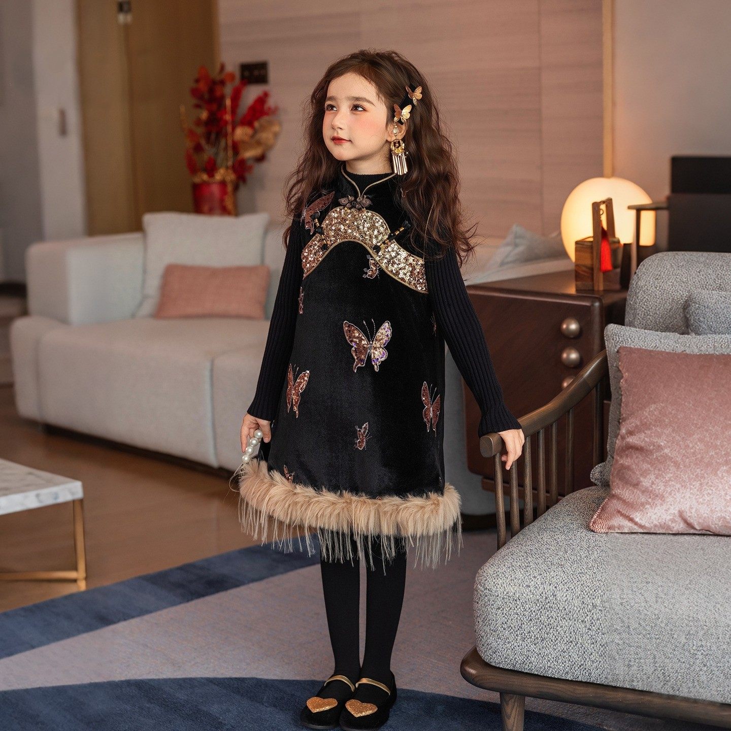 英国NextElsa女童冬款裙子2025新款女孩新中式国风旗袍亮片背心裙