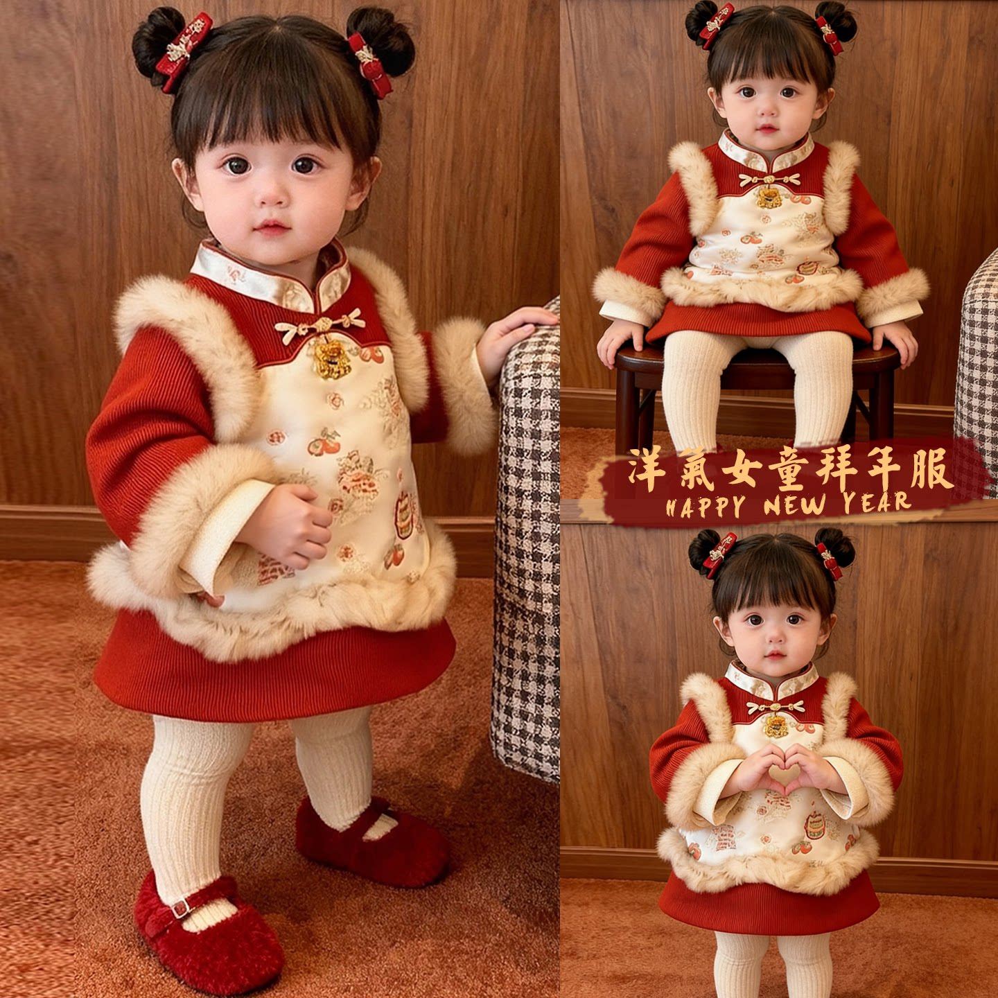 英国NEXT OKAY国风女童拜年服冬款旗袍裙女宝周岁生日礼服洋装