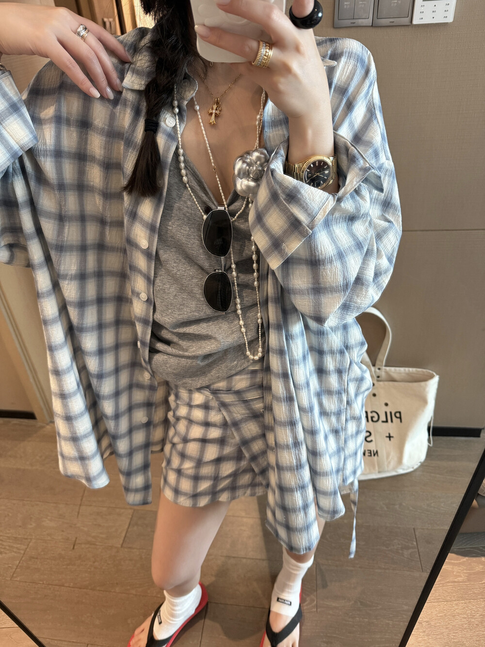 YANSEE 夏日轻氧两件套格子防晒衬衫两件套腰封短裙不含内搭+墨镜