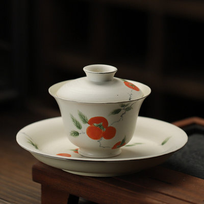 粉引陶瓷手绘柿韵悠长三才盖碗功夫茶具配件泡茶具单个高端茶碗