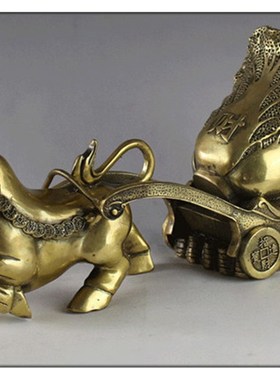 纯铜牛拉白菜百财摆件黄铜牛拉财车牛店铺开业客厅工艺品摆件家居