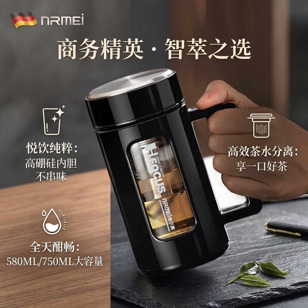 恩尔美防摔玻璃水杯办公室茶水分离泡茶杯男高档带把手双层耐热