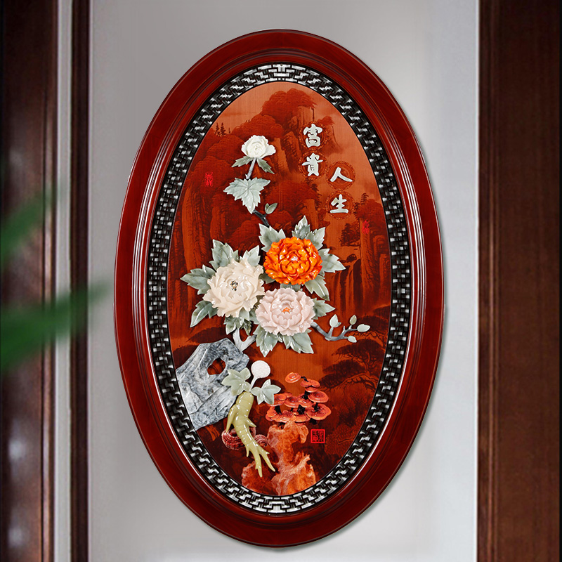 新中式入户玄关走廊过道玉石装饰画圆形餐厅墙面挂画客厅玉雕壁画