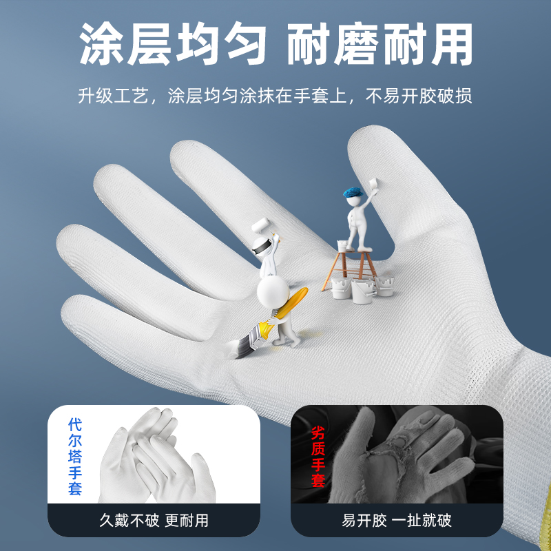 代尔塔 耐磨手套工业透气建筑PU涂掌针织劳保工地工作防护手套