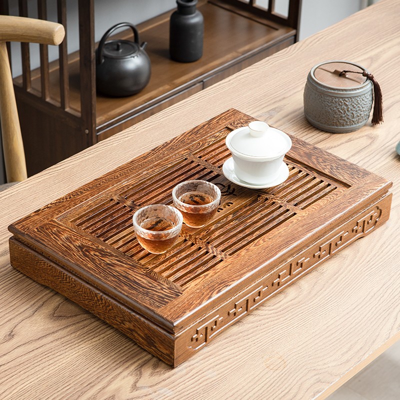 鸡翅木茶盘抽屉式家用实木茶台简约大小号茶海功夫茶具客厅茶托盘