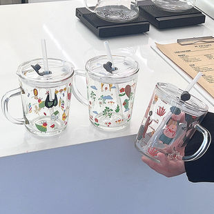 水杯家用儿童创意牛奶杯刻度杯加厚玻璃杯吸管杯子带盖把杯果汁