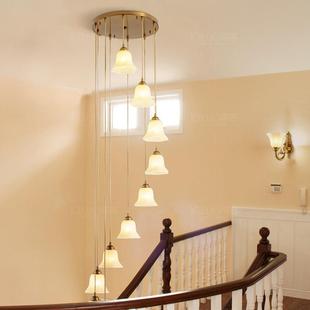 新品楼梯吊灯美式全铜复式楼梯间吊灯轻奢别墅中空旋转楼梯长吊灯