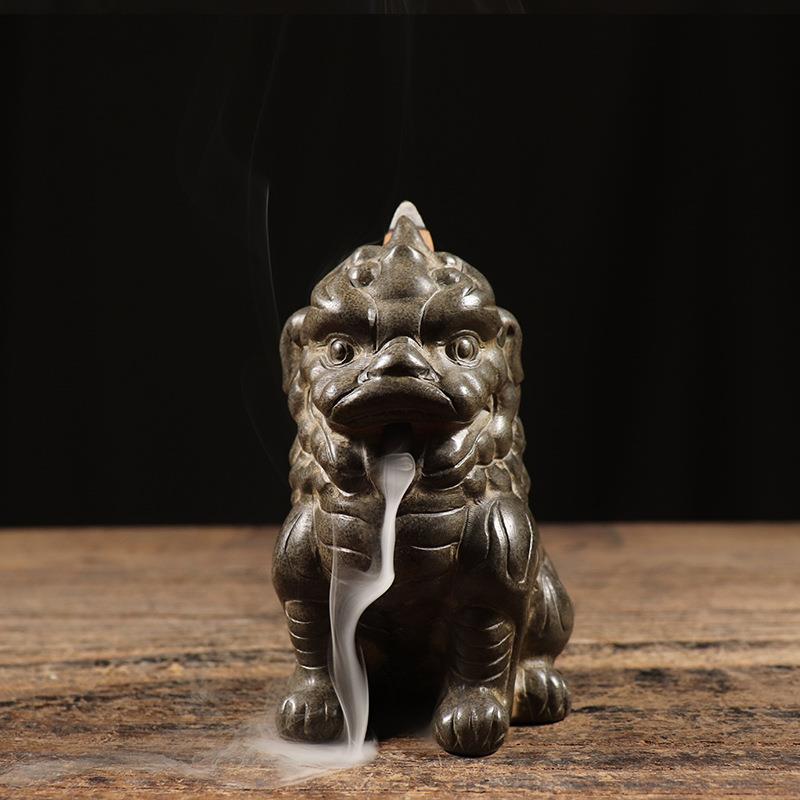 仿古石雕天然青石手工雕刻 狻猊倒流香 原石雕刻中式民俗装饰摆件