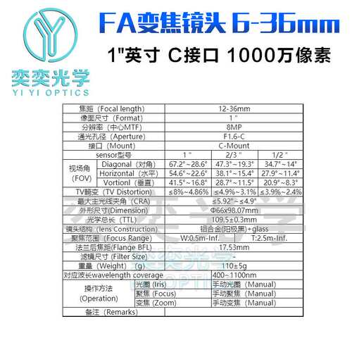 12-36mm工业变焦镜头FA低畸变1千万像素C口2/3英寸视觉工业镜头