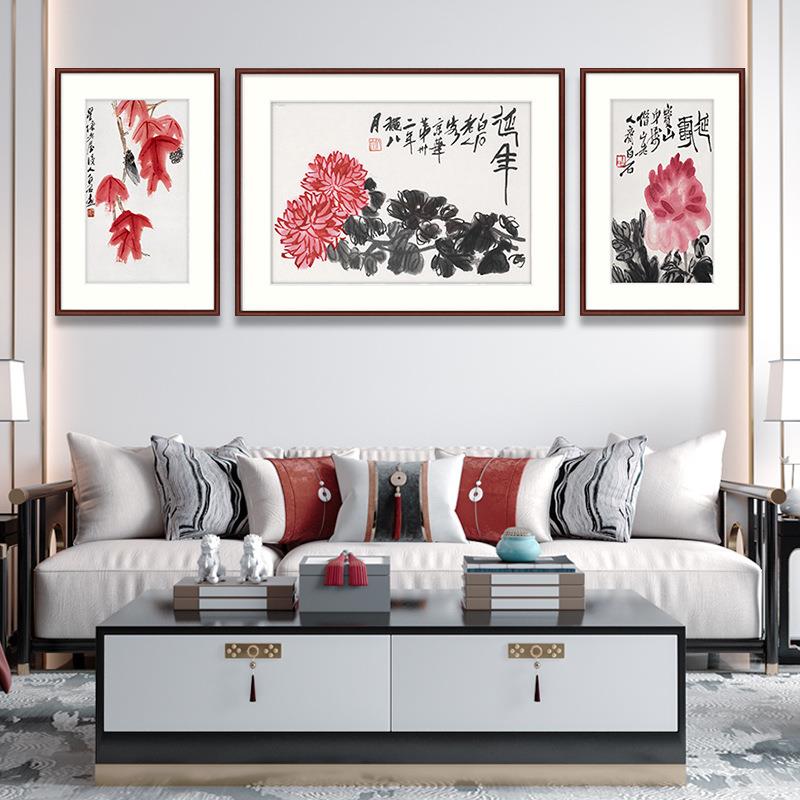 新中式齐白石花鸟三联幅挂画客厅沙发水墨画餐厅墙壁画书房装饰画