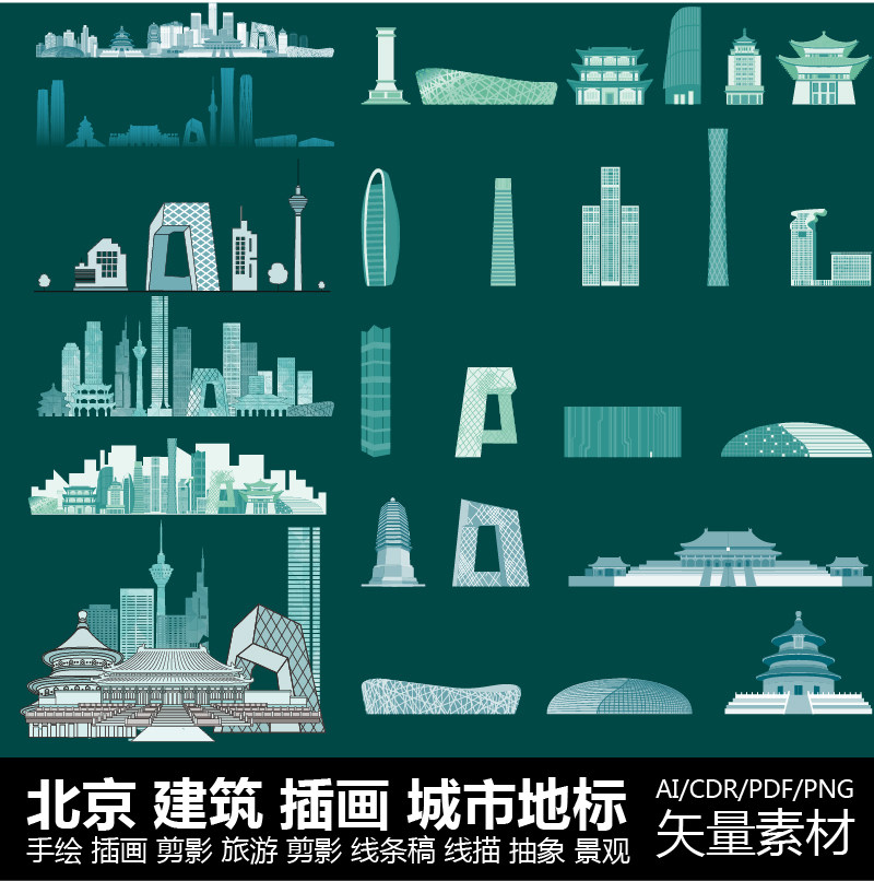 北京城市景点地标志设计插画剪影建筑手绘旅游天际线条描稿素材